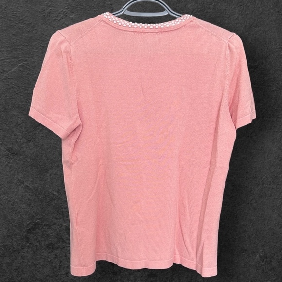 Karl Lagerfeld Paris - Short Sleeve Knit with Embroidered Neck Line in Soft Pink - Picture 3 of 9